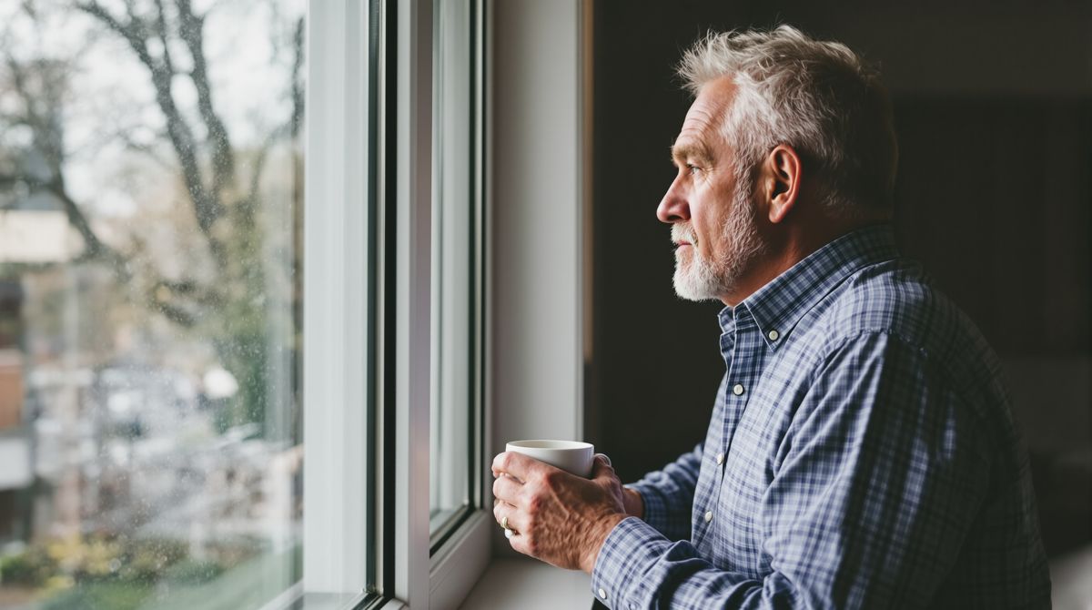 Mann am Fenster im Morgenlicht